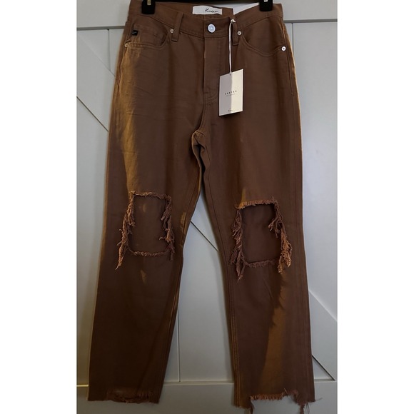 NWT Women's KanCan Reese Straight Leg Distressed Raw Hem Jeans Lt Brown Sz 3/25 - Picture 1 of 10